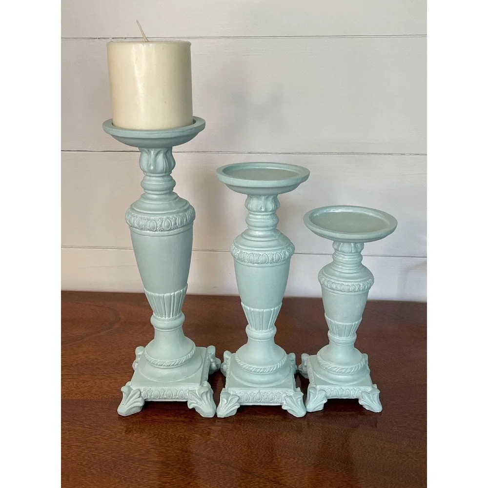 Set of 3 painted coastal ,cottage core, farmhouse, candle holders statement